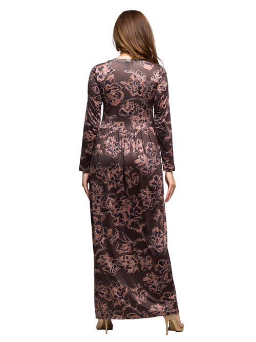 24seven Comfort Apparel Floral Long Sleeve Scoop Neck Maxi Dress In Brown