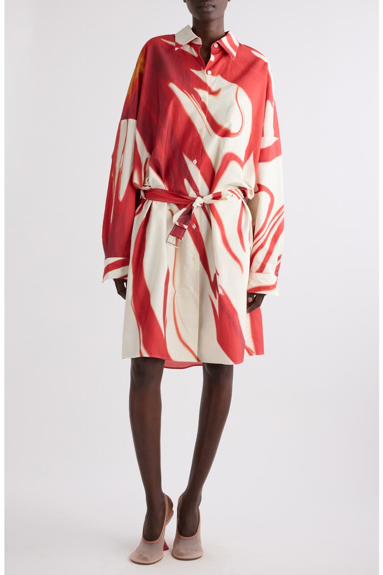 Dindi Print Belted Long Sleeve Cotton Poplin Shirtdress, Main, color, RED