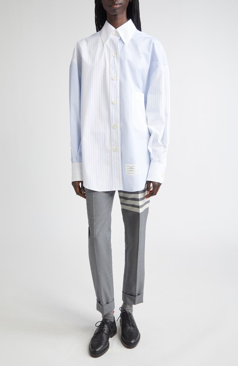 Thom Browne Fin-Mix Stripe Supima<sup>®</sup> Cotton Poplin Button-Down Shirt, Alternate, color, Light Blue