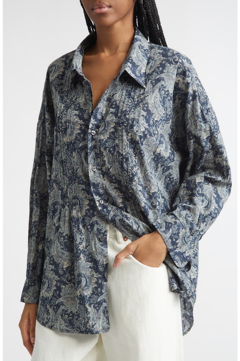 Drop Neck Pintuck Paisley Print Button-Up Shirt, Alternate, color, BLUE INDIGO PAISLEY