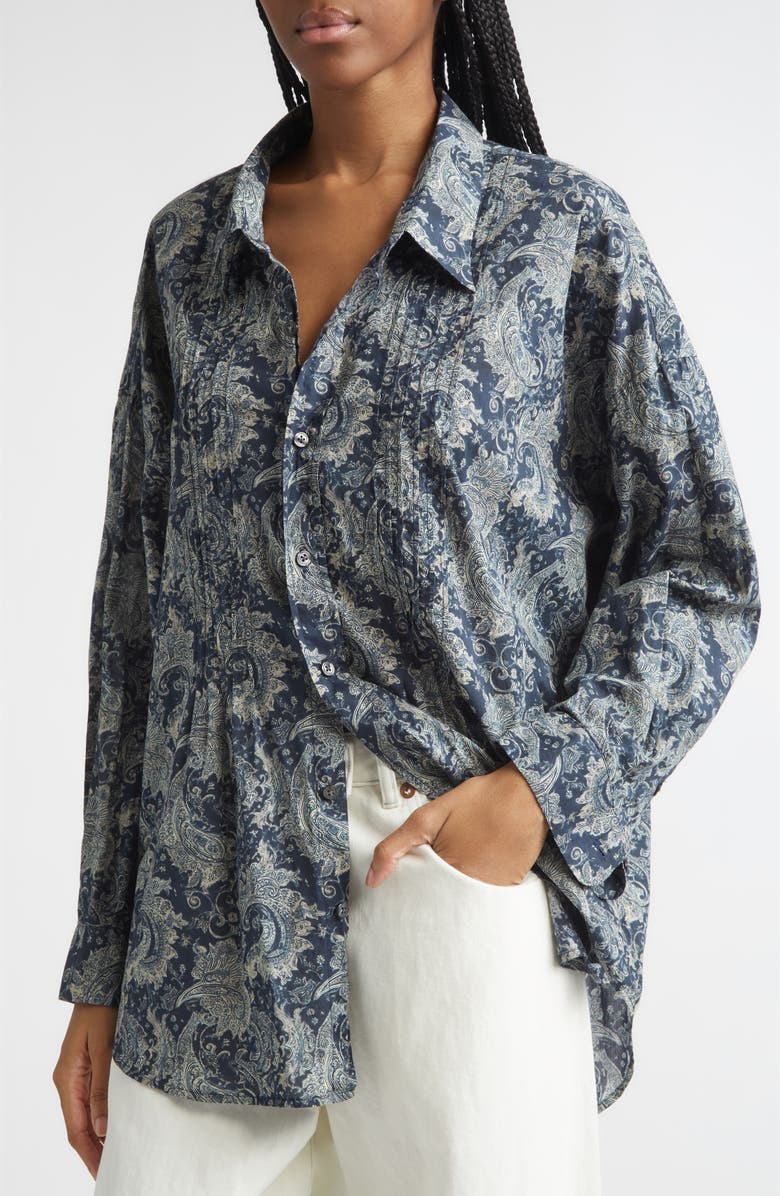 R13 Drop Neck Pintuck Paisley Print Button-Up Shirt, Alternate, color, Blue Indigo Paisley