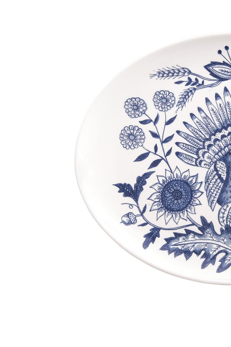 White & Blue Thanksgiving Turkey Oval Stoneware Serving Platter 10.6" x 13.4", Alternate, color, Blue