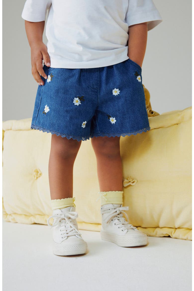 Kids' Embroidered Daisies Denim Shorts, Alternate, color, BLUE