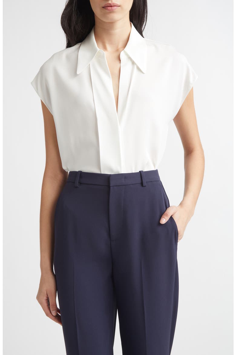 Cap Sleeve Stretch Silk Button-Up Shirt, Main, color, CHALK