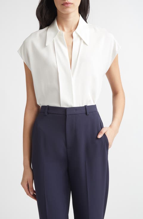 Cap Sleeve Stretch Silk Button-Up Shirt