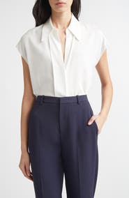 Vince Cap Sleeve Stretch Silk Button-Up Shirt
