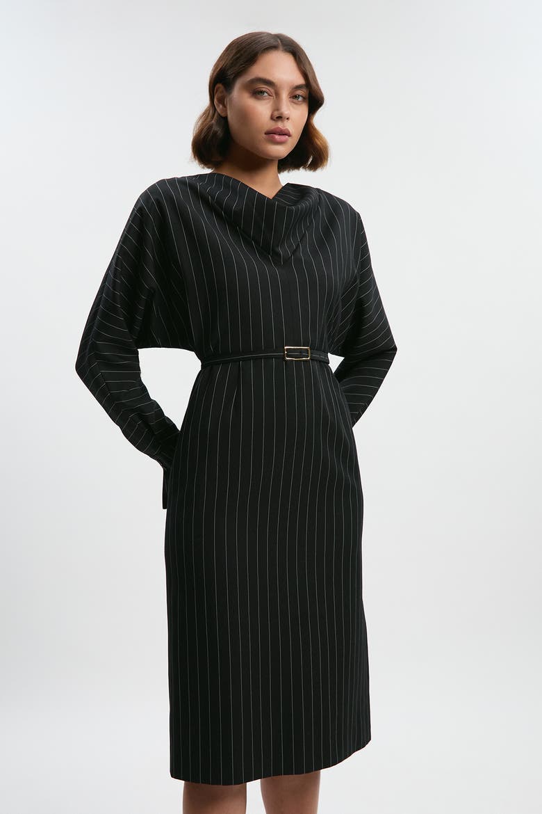 Pinstripe Cowl Neck Midi Dress, Main, color, Black