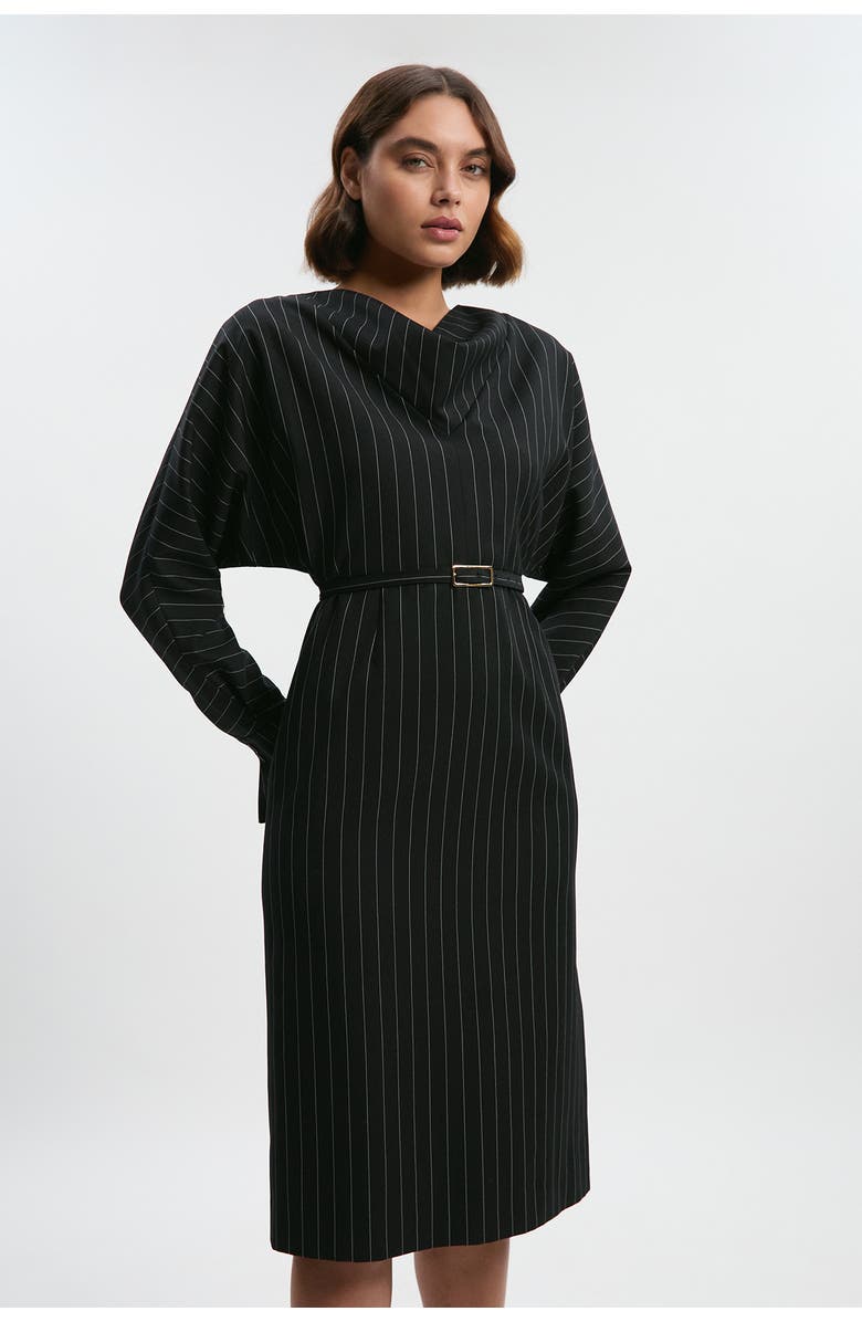 Karen Millen Pinstripe Cowl Neck Midi Dress, Main, color, Black