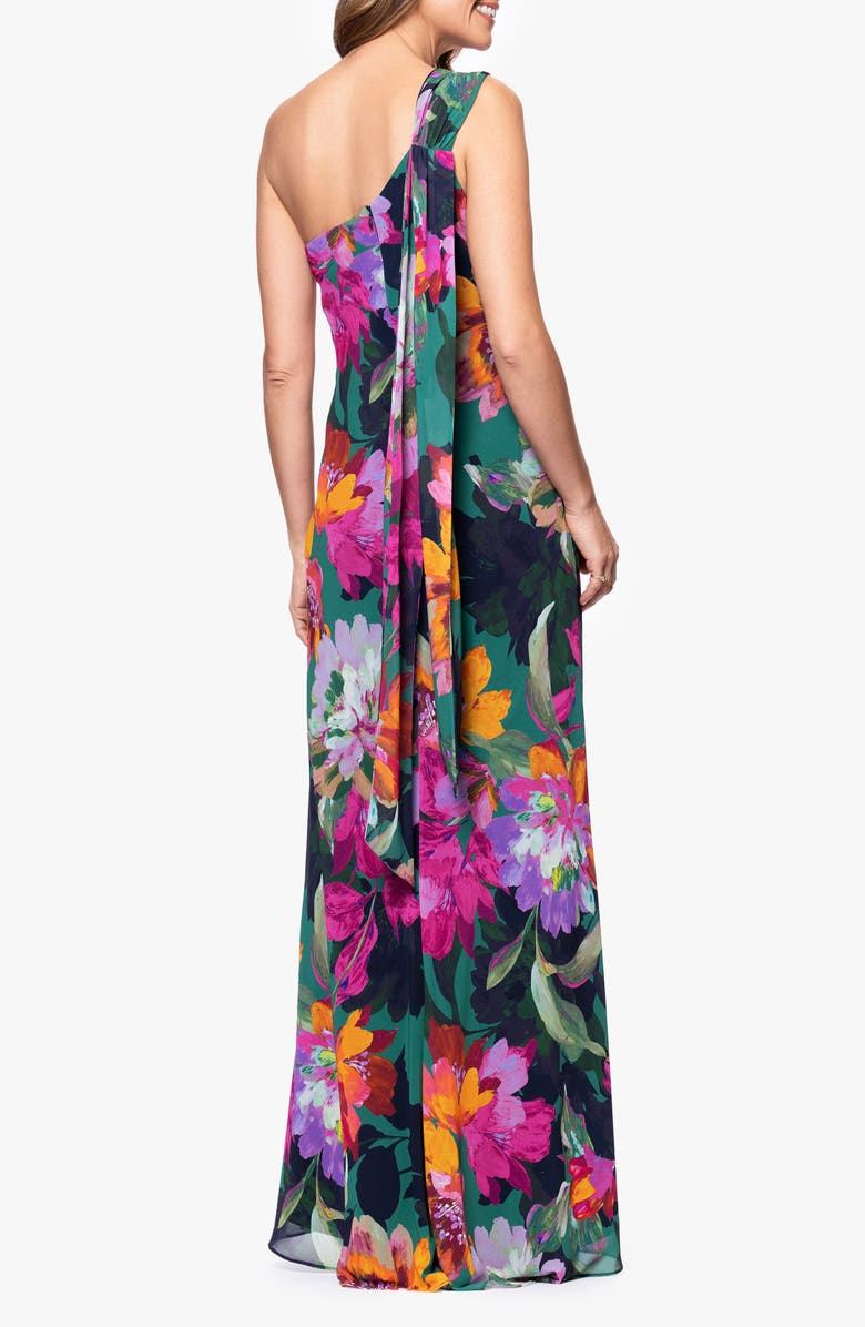 Xscape Evenings Floral One-Shoulder Chiffon Gown, Alternate, color, Green/ Multi