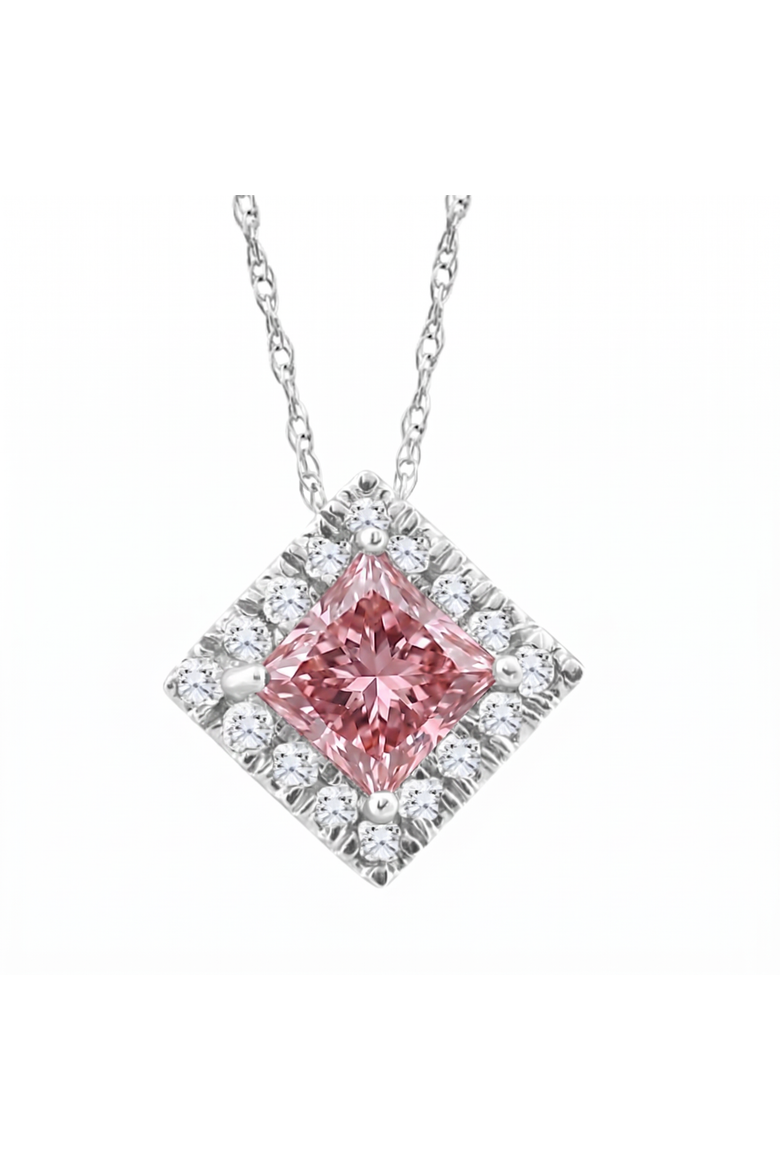 Certified 1.70Ct Princess Pink Diamond Lab Grown Pendant Gold 18" Necklace, Main, color, 10k White Gold