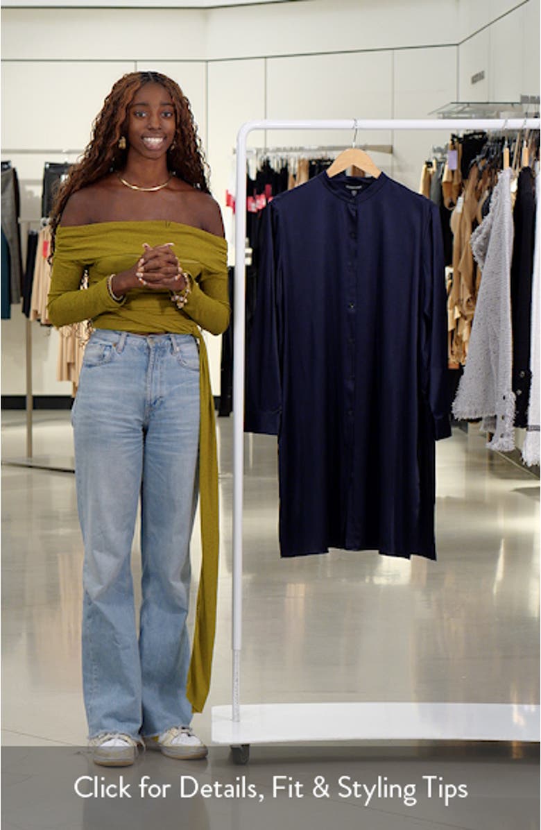 Band Collar Longline Stretch Silk Button-Up Shirt, sales video thumbnail