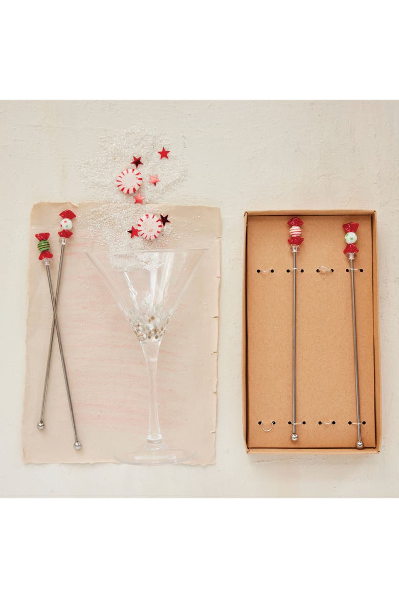 4-Piece Stainless Steel Cocktail Stirrers with Hand-Blown Glass Candies, Multicolor, Alternate, color, Red