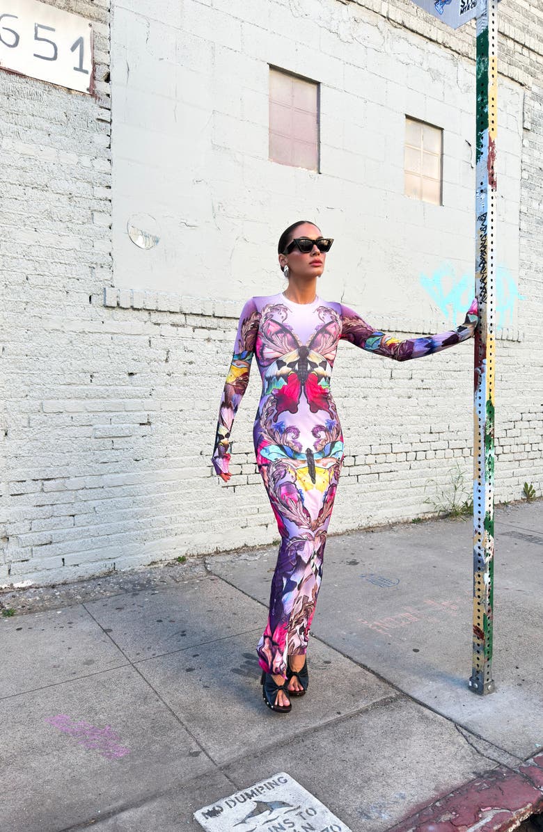 AFRM Didi Long Sleeve Mesh Maxi Dress, Alternate, color, Ornate Butterfly