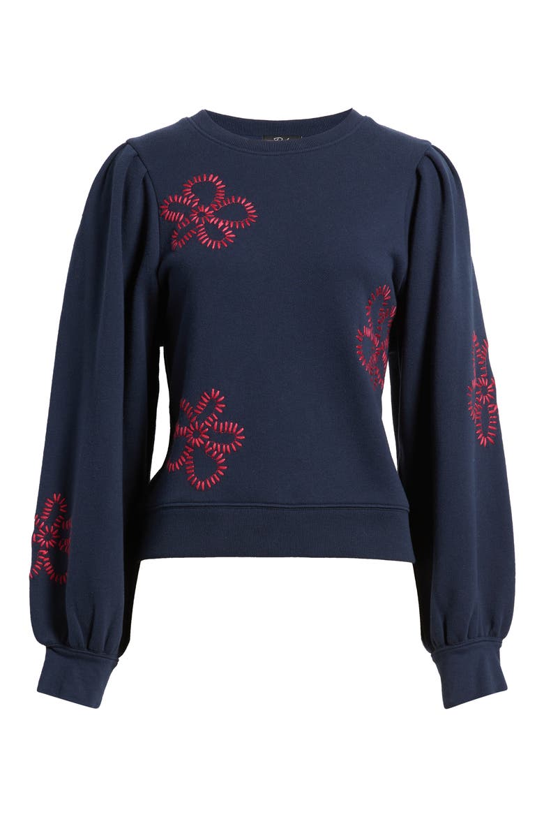 Tiffany Floral Embroidered Balloon Sleeve Cotton Sweatshirt, Alternate, color, NAVY