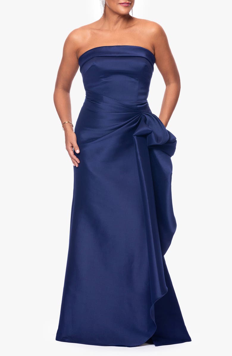 Xscape Evenings Strapless Cascade Ruffle Mermaid Gown, Main, color, Navy