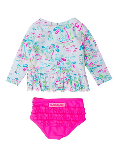 Rufflebutts Girls Upf50+ Sun Protected Scallop Hem Long Sleeve Rash Guard Bikini In Tropical Resort