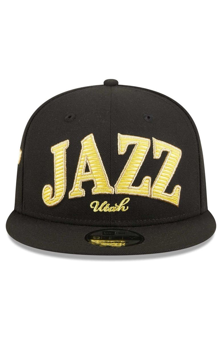 New Era Men's New Era Black Utah Jazz Golden Tall Text 9FIFTY Snapback Hat, Alternate, color,