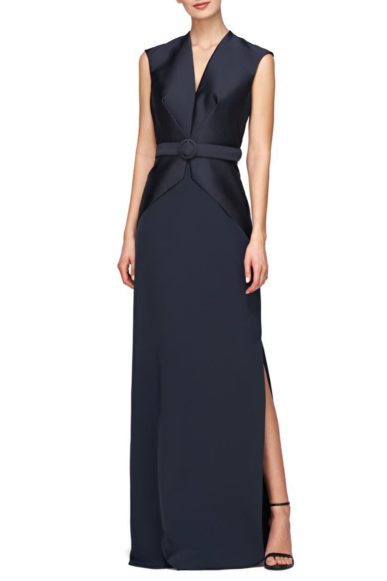 Bronwyn Belted Column Gown, Main, color, FRENCH NAVY