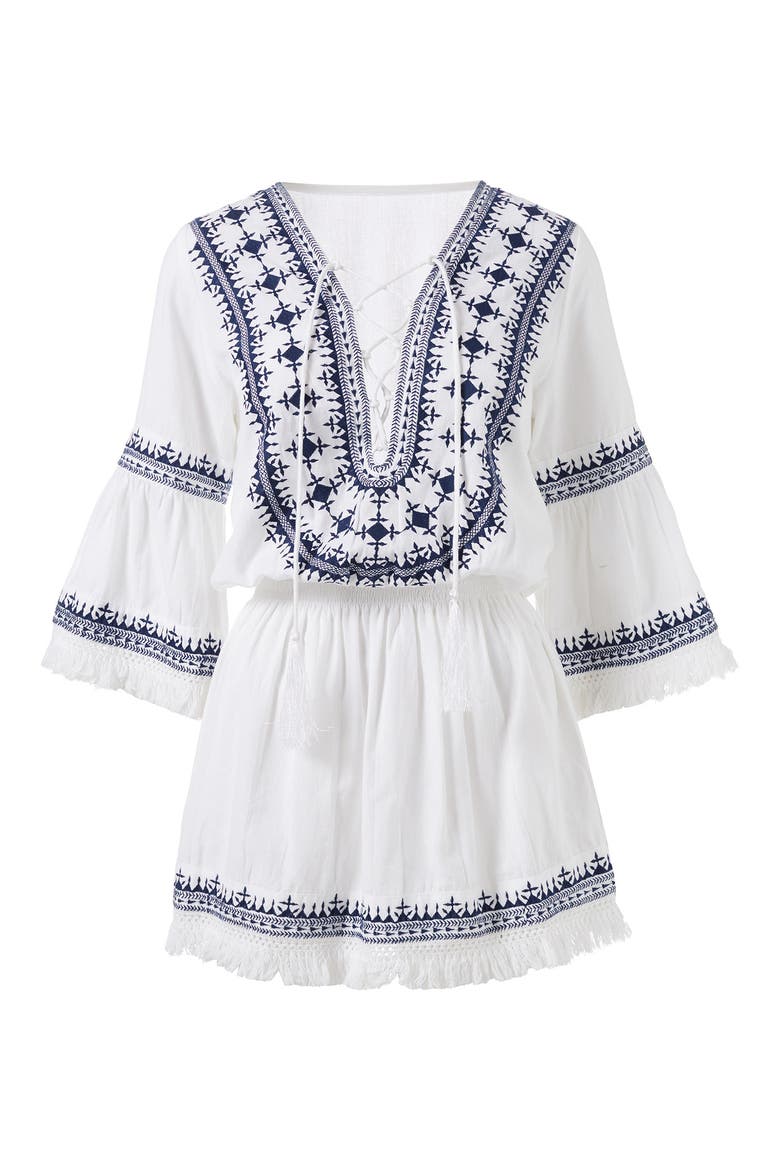 Martina Embroidered Lace-Up Linen & Cotton Cover-Up Dress, Alternate, color, WHITE/ NAVY