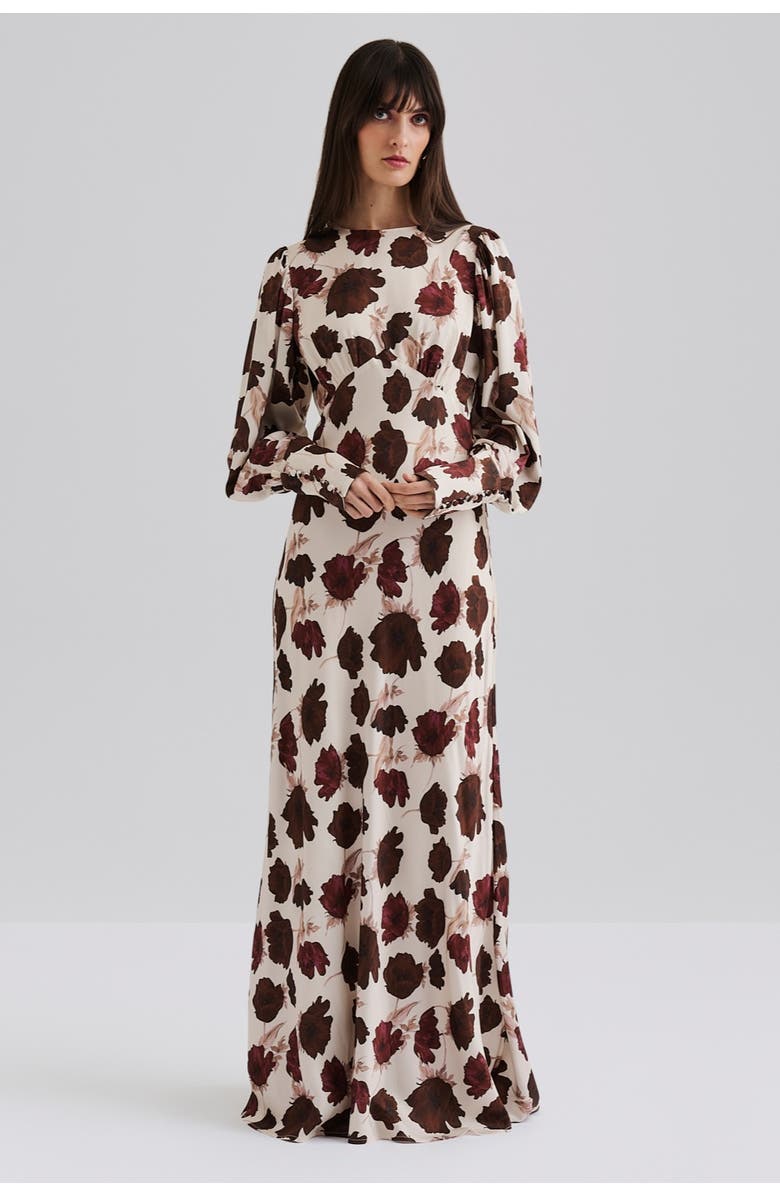 Malina Alize Long Sleeved Satin Maxi Dress, Main, color, Wine Peony