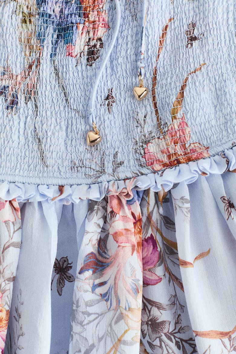 Frill-trimmed Smocked-bodice Dress, Alternate, color, Light blue/floral