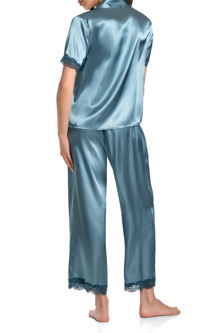 Lace Trim Satin Pajamas, Alternate, color, MINERAL BLUE
