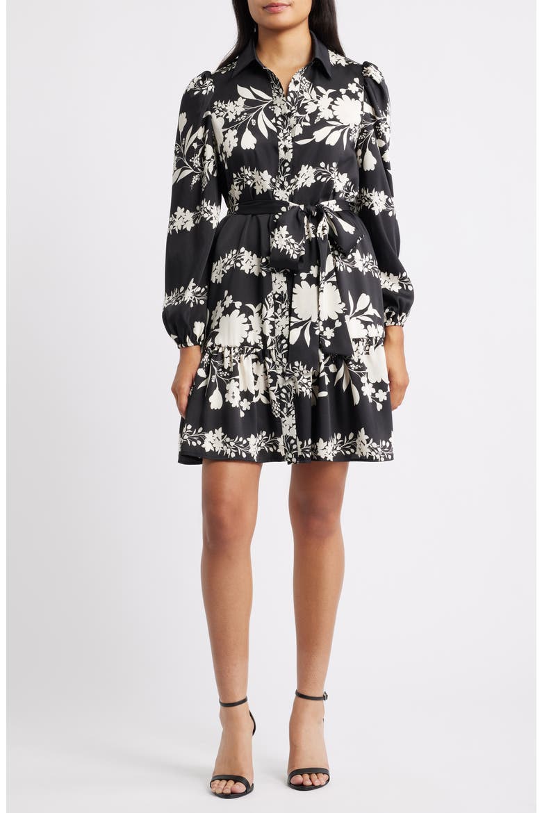 Floral Long Sleeve Tiered Shirtdress, Main, color, ANNE BLACK/ SWAN WHITE