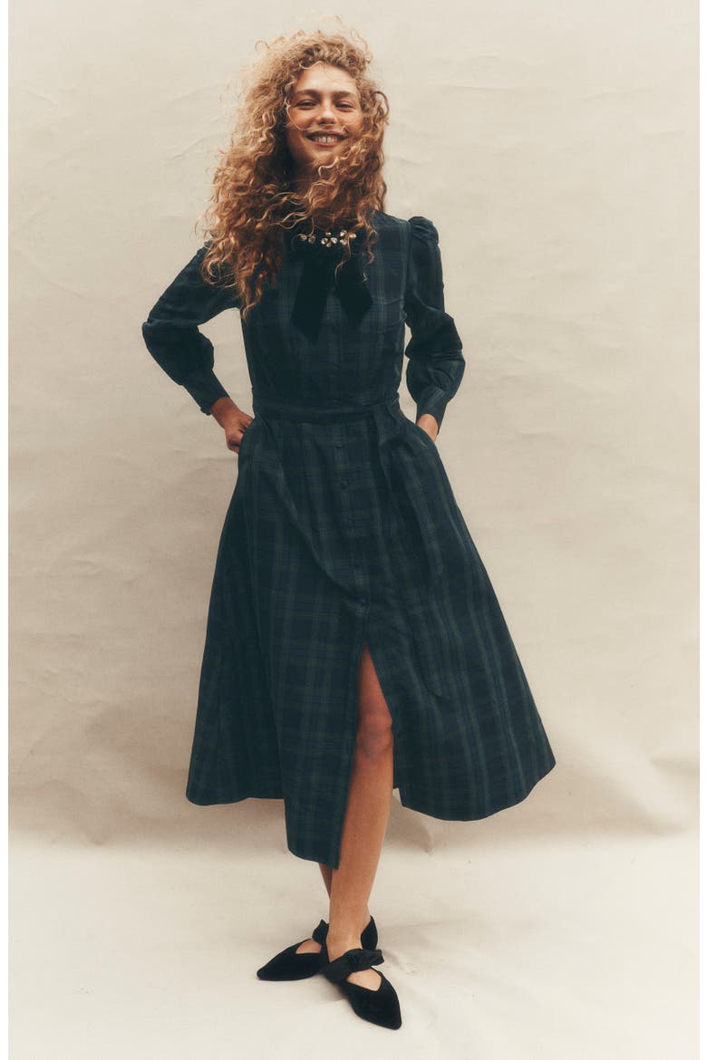 Maeve Occasion Plaid Shirt Dress, Alternate, color, NAVY, GREEN AND BLUE CHECK