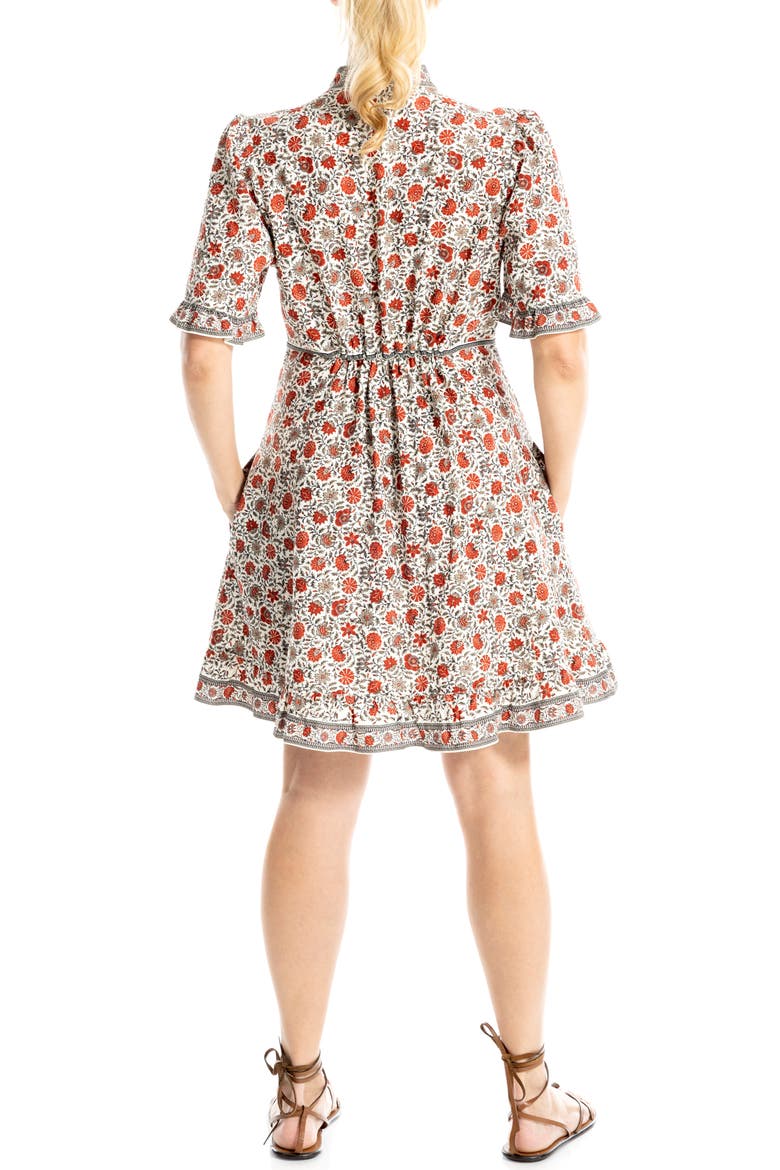Bow Neck Short Sleeve Fit & Flare Dress, Alternate, color, ECRU/ RED LEAFY FLORAL FERN