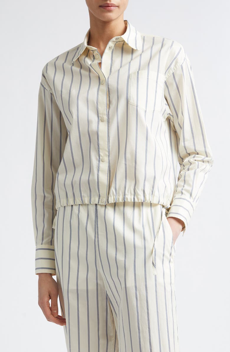 Moncler Stripe Cotton & Silk Snap-Up Shirt, Main, color, White Stripe