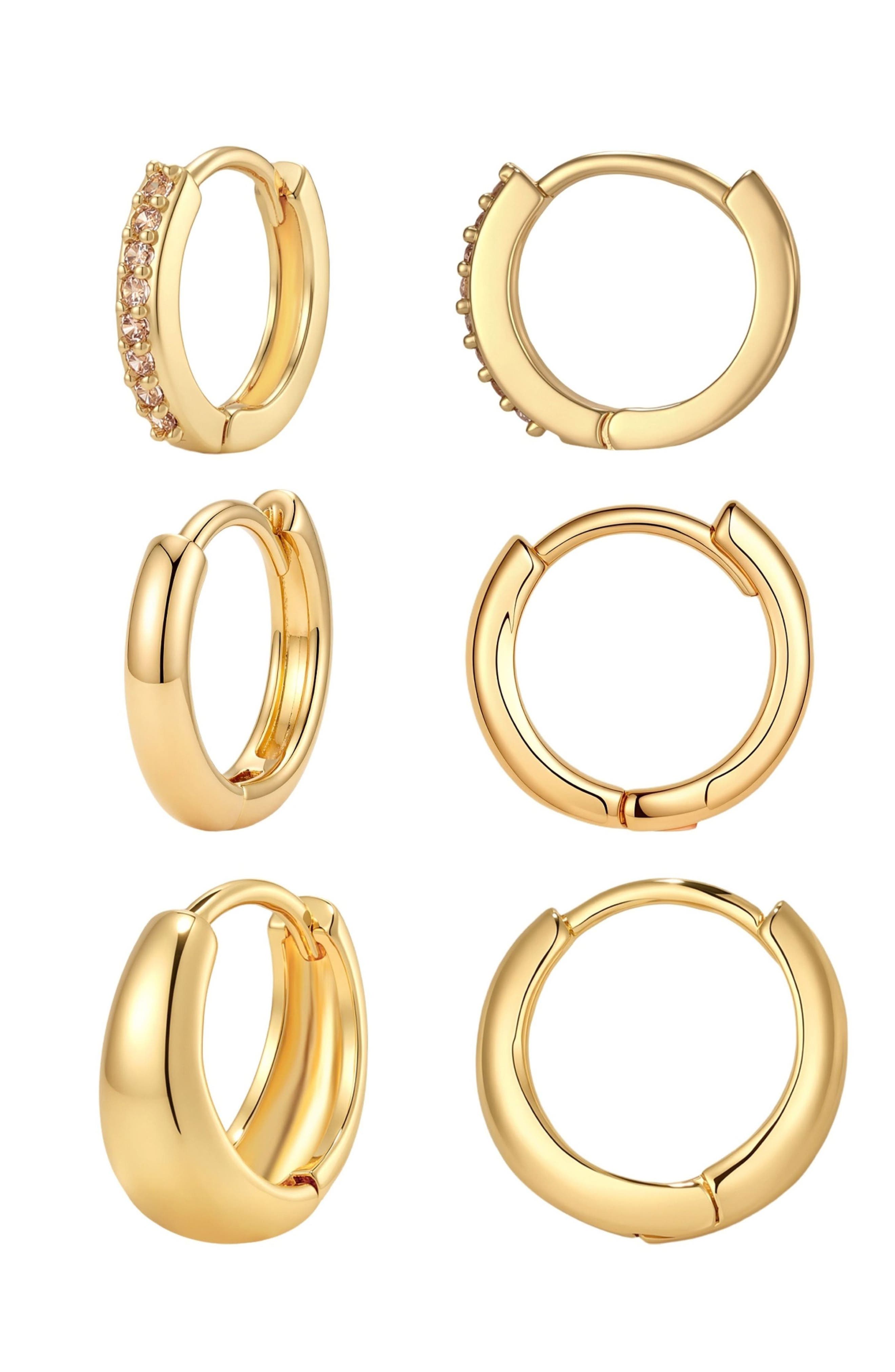 14k Gold Plate and Cubic Zirconia 3-Pack Huggie Hoop Earrings