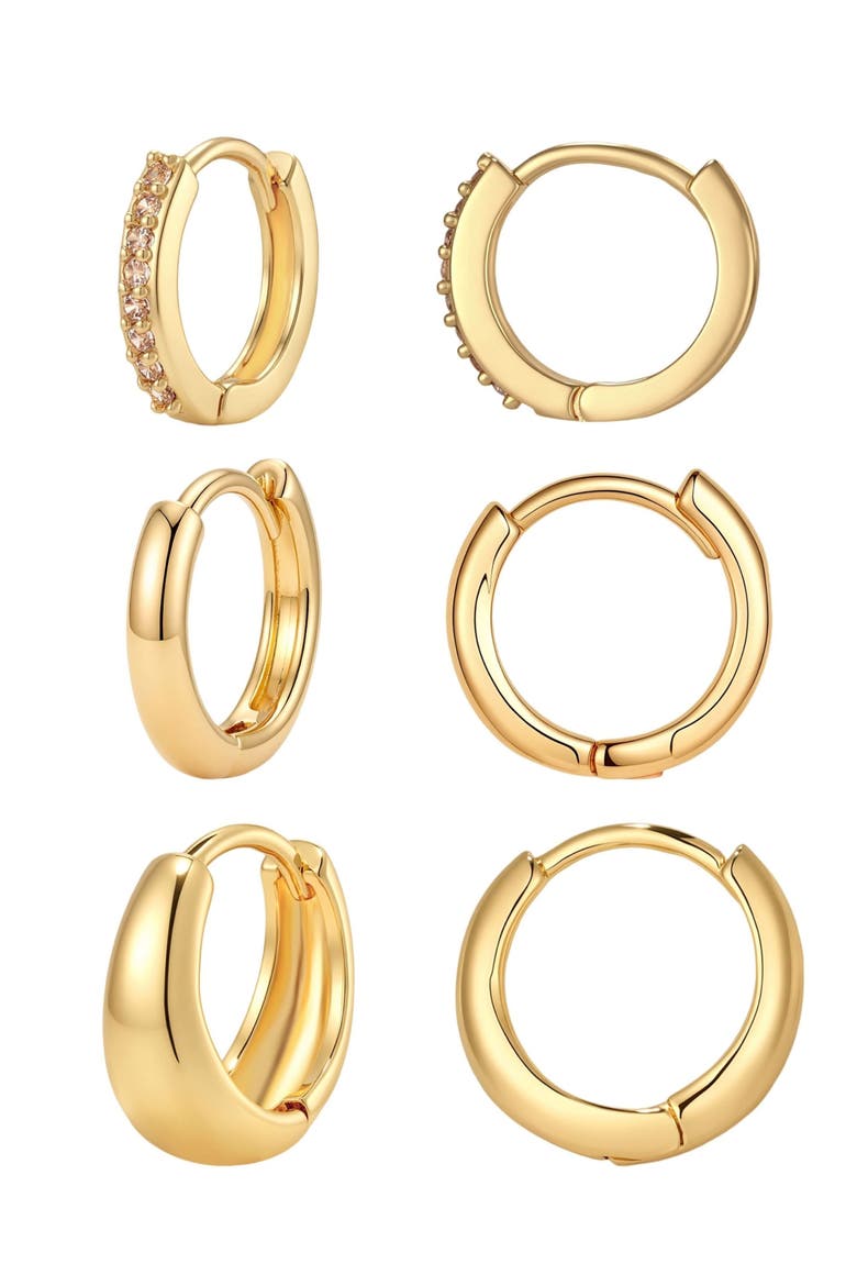 14k Gold Plate and Cubic Zirconia 3-Pack Huggie Hoop Earrings, Main, color, GOLD