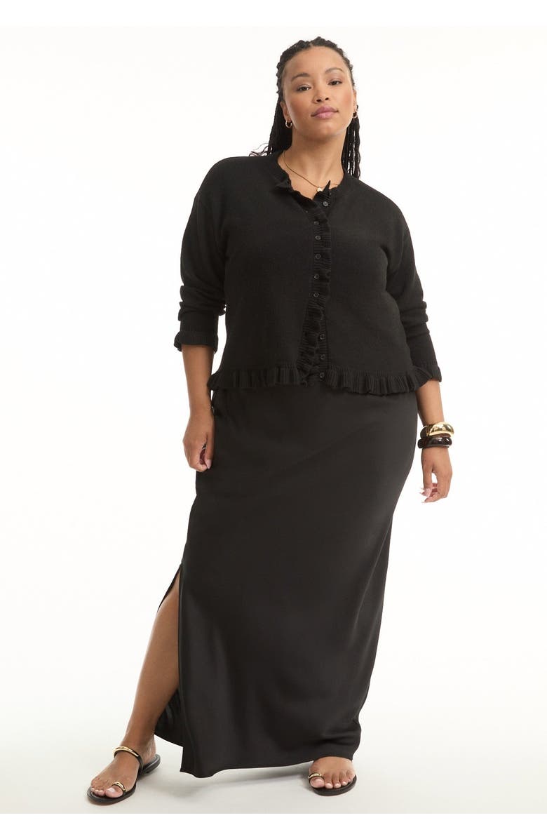 June + Vie Ruffle Hem Buttoned Sweater, Main, color, Black Onyx