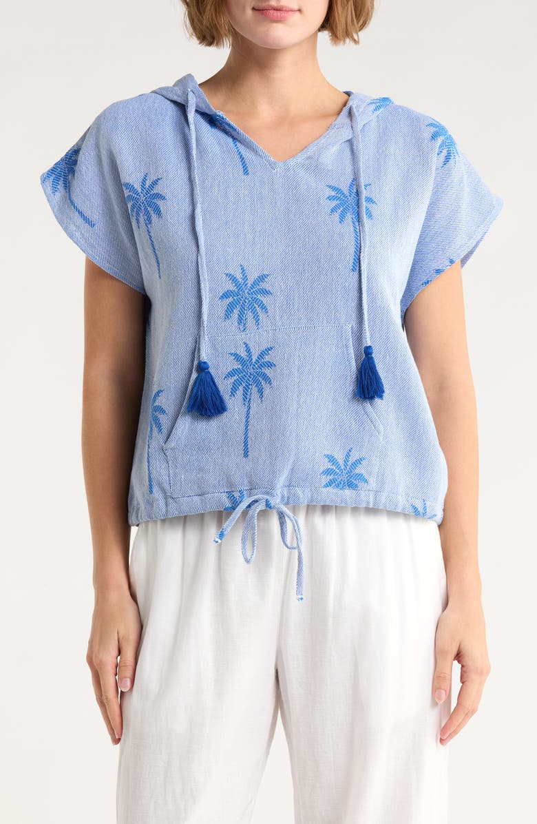 Elan Short Sleeve Cotton Cover-Up Hoodie, Main, color, Blue Palmtree