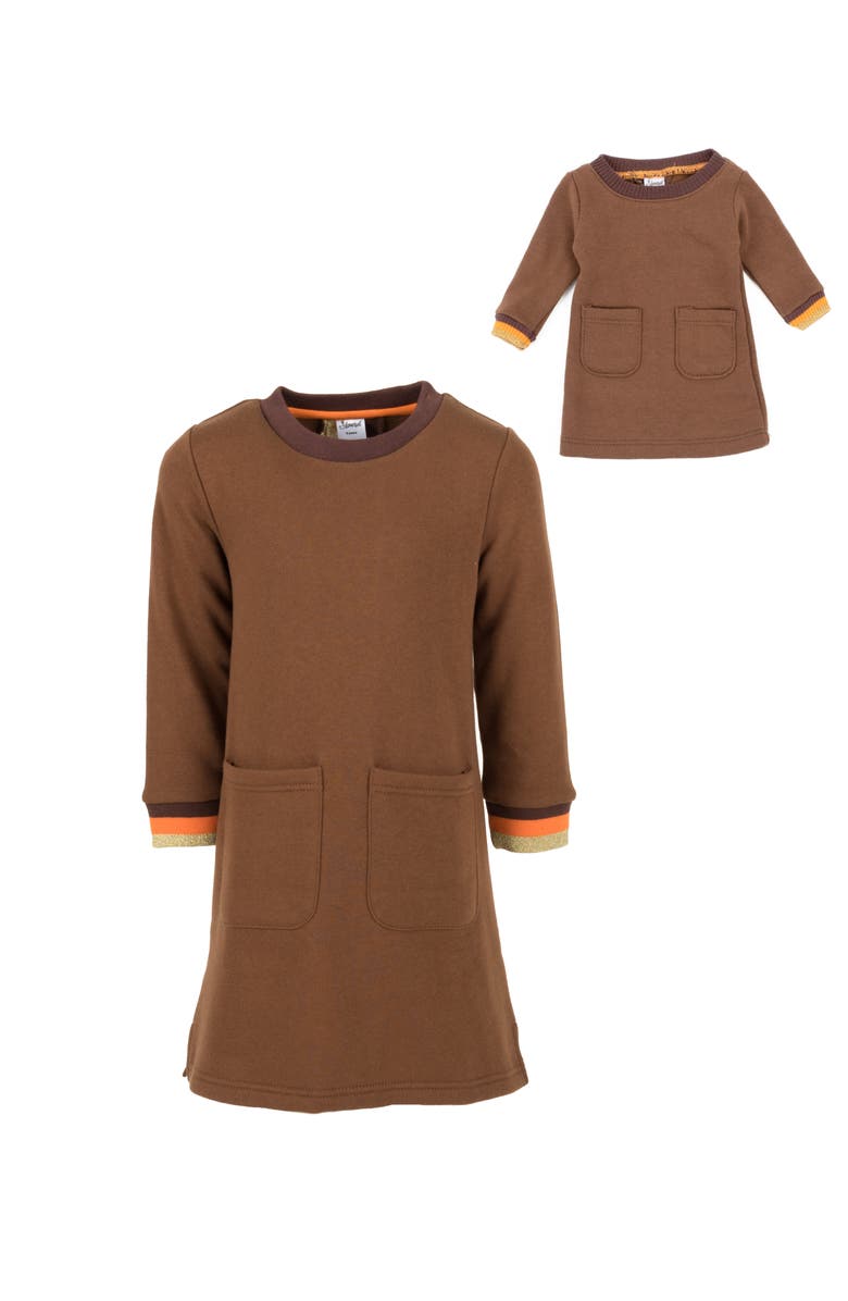 Leveret Girls Sweatshirt Dress with Matching Doll Dress, Alternate, color, Brown