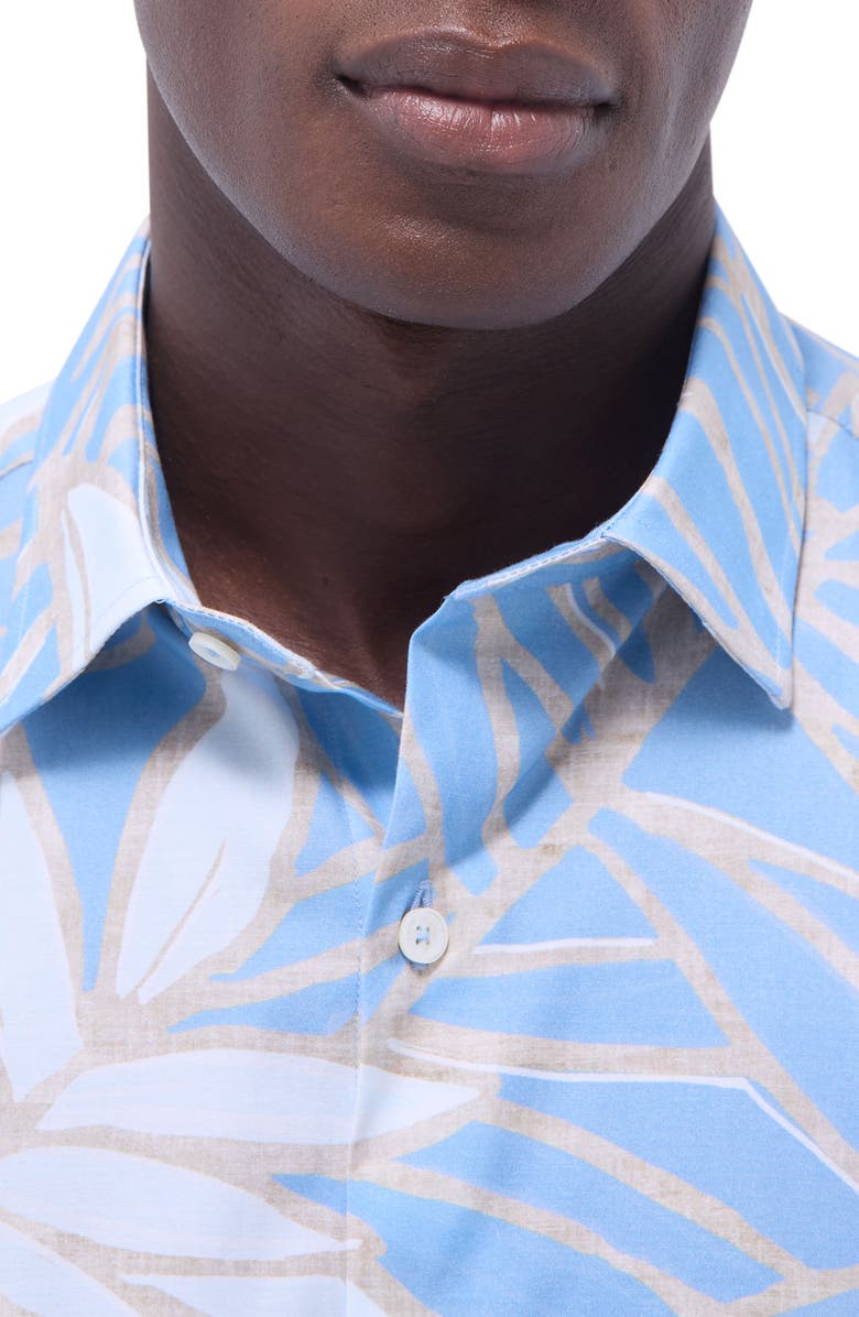 Bugatchi Orson Leaf Print Short Sleeve Stretch Cotton Button-Up Shirt, Alternate, color, Air Blue