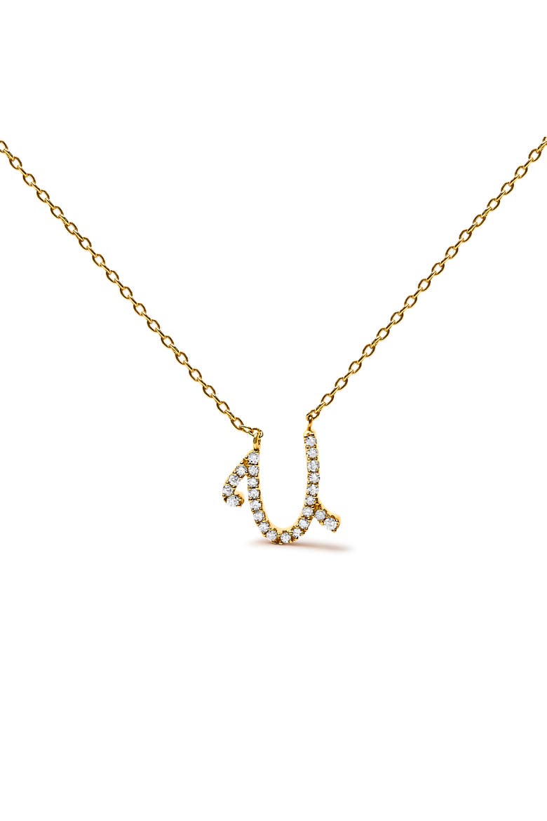 10K Gold Diamond Accent  A-Z Initial Script Style Pendant Necklace, Main, color, Yellow | U