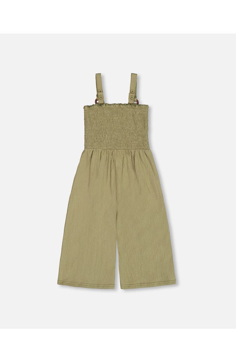 Deux par Deux Little Girl's Smocked Crinkle Jersey Jumpsuit Olive Green, Alternate, color, Olive Green