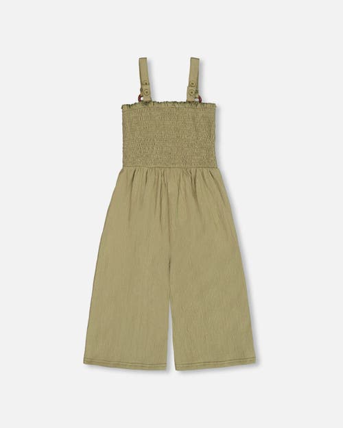 Deux Par Deux Little Girl's Smocked Crinkle Jersey Jumpsuit Olive Green In Olive Green