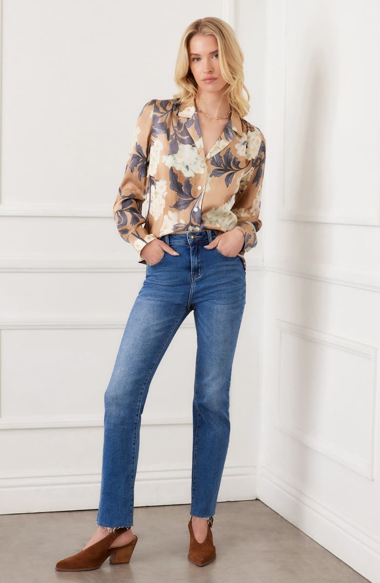 Karen Kane Floral Satin Button-Up Shirt, Alternate, color, Print