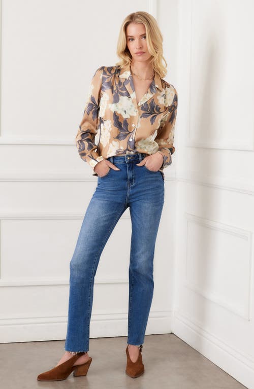 Karen Kane Floral Satin Button-up Shirt In Brown