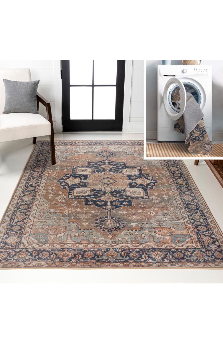 JONATHAN Y Maris Ornate Medallion Machine-Washable Area Rug, Main, color, Beige/Blue
