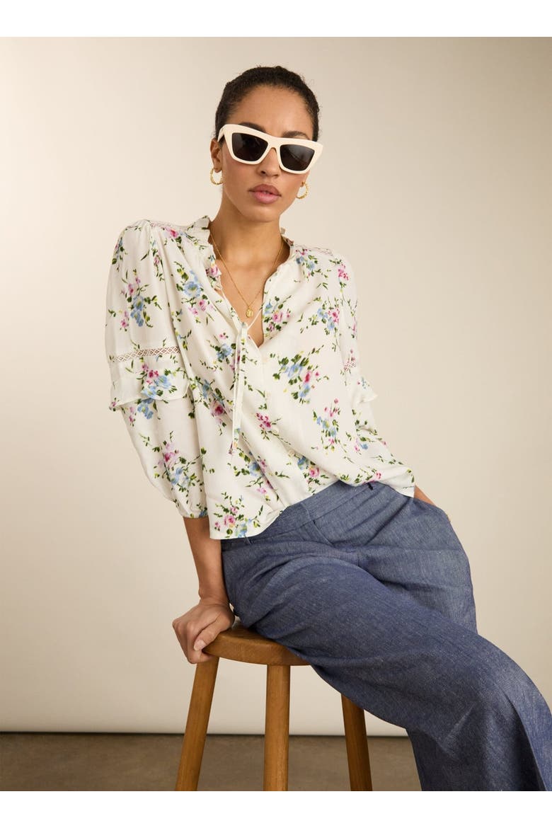 Clemenza Romantic Tie-Neck Blouse, Alternate, color, White bouquet