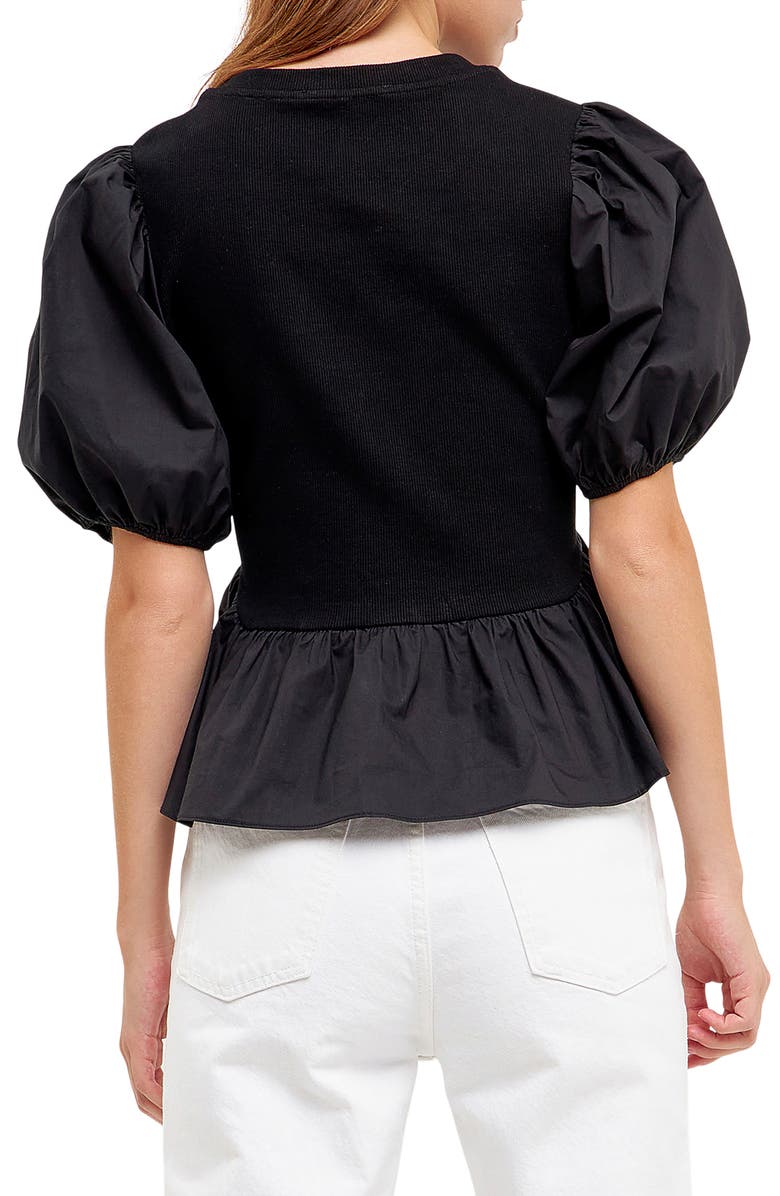 English Factory Mixed Media Puff Sleeve Peplum Top, Alternate, color, 