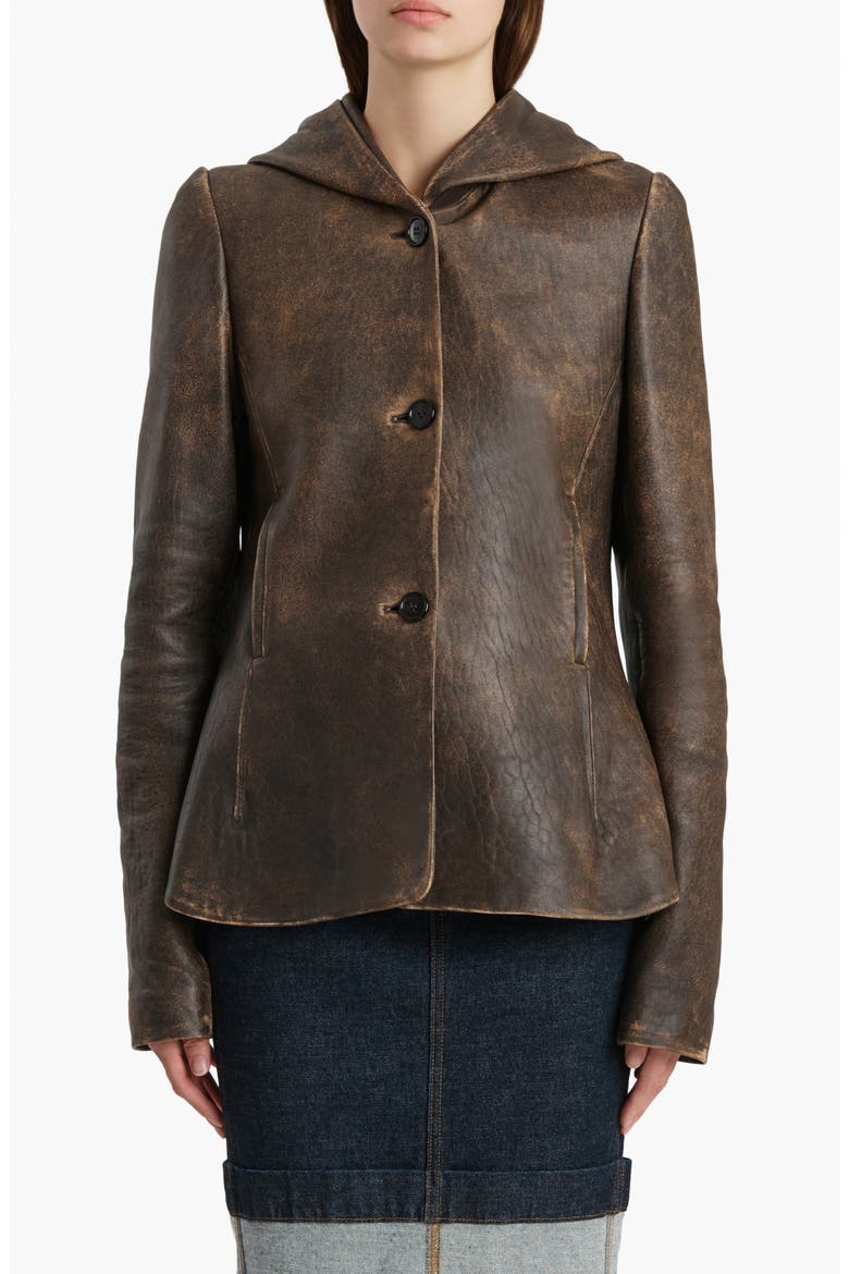 June Hooded Distressed Leather Jacket, Main, color, DARK BROWN