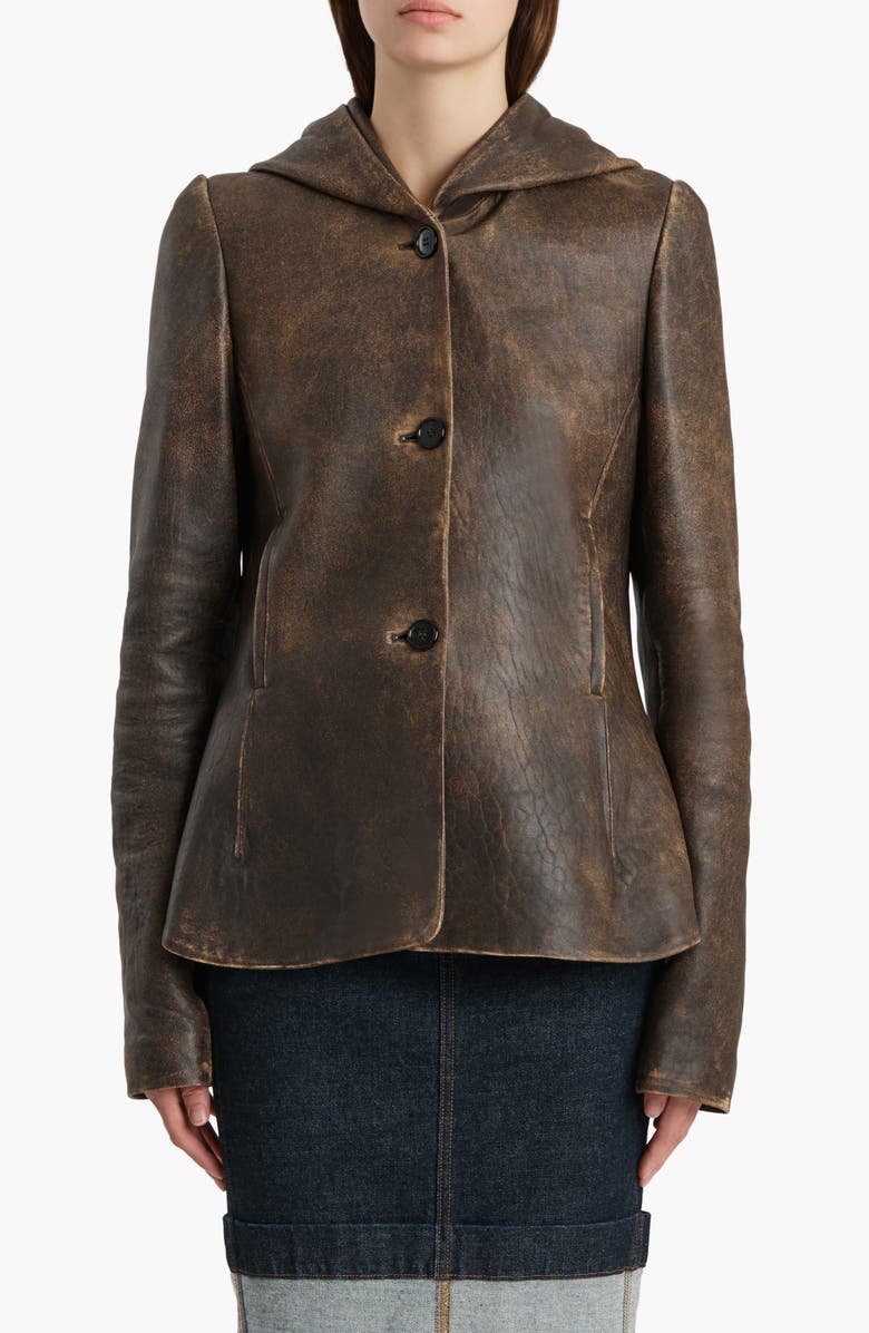 Khaite June Hooded Distressed Leather Jacket, Main, color, Dark Brown
