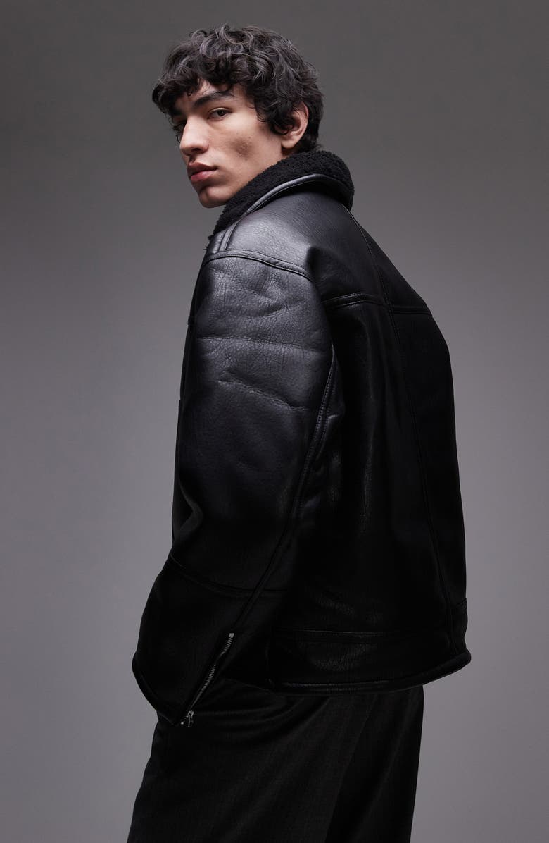 Topman Faux Shearling Faux Leather Jacket, Alternate, color,