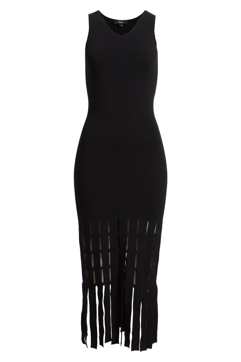 Kaia Fringe Detail Knit Midi Dress, Alternate, color, BLACK