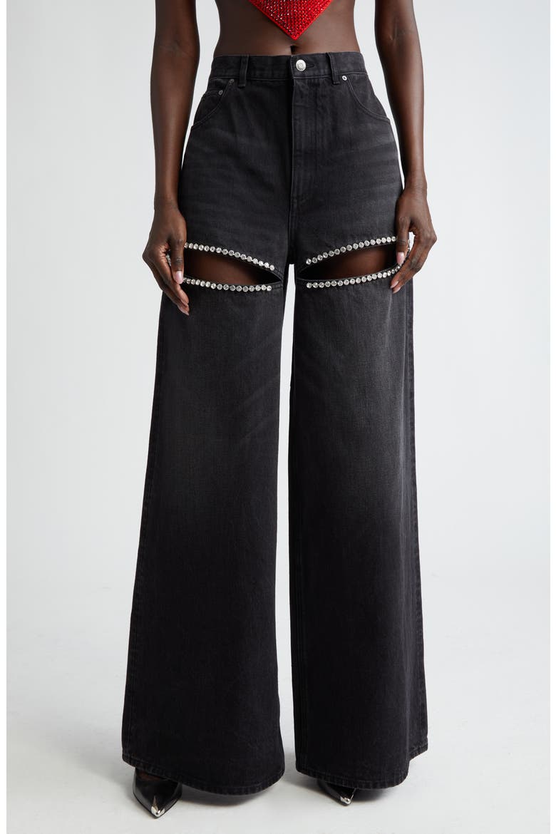Crystal Embellished Cutout Wide Leg Jeans, Main, color, BLACK