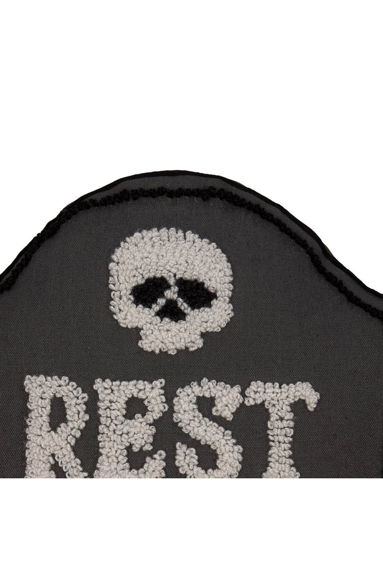 Halloween "RIP" Skeleton Skull Tombstone Shaped Hooked Accent Pillow 18" x 18", Alternate, color, Black